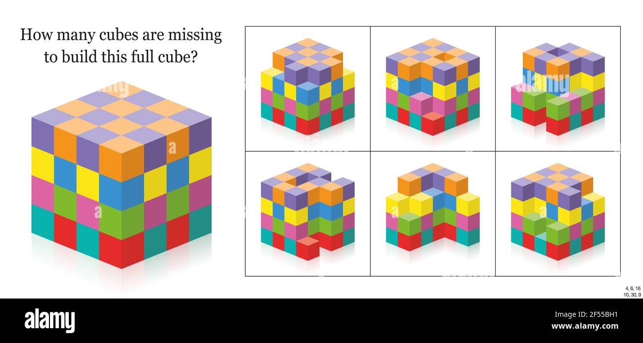 How many cubes are missing to build a full cube? 3d spatial perception exercise. Colorful game to count the gaps, holes, blanks. With solution. Stock Photo