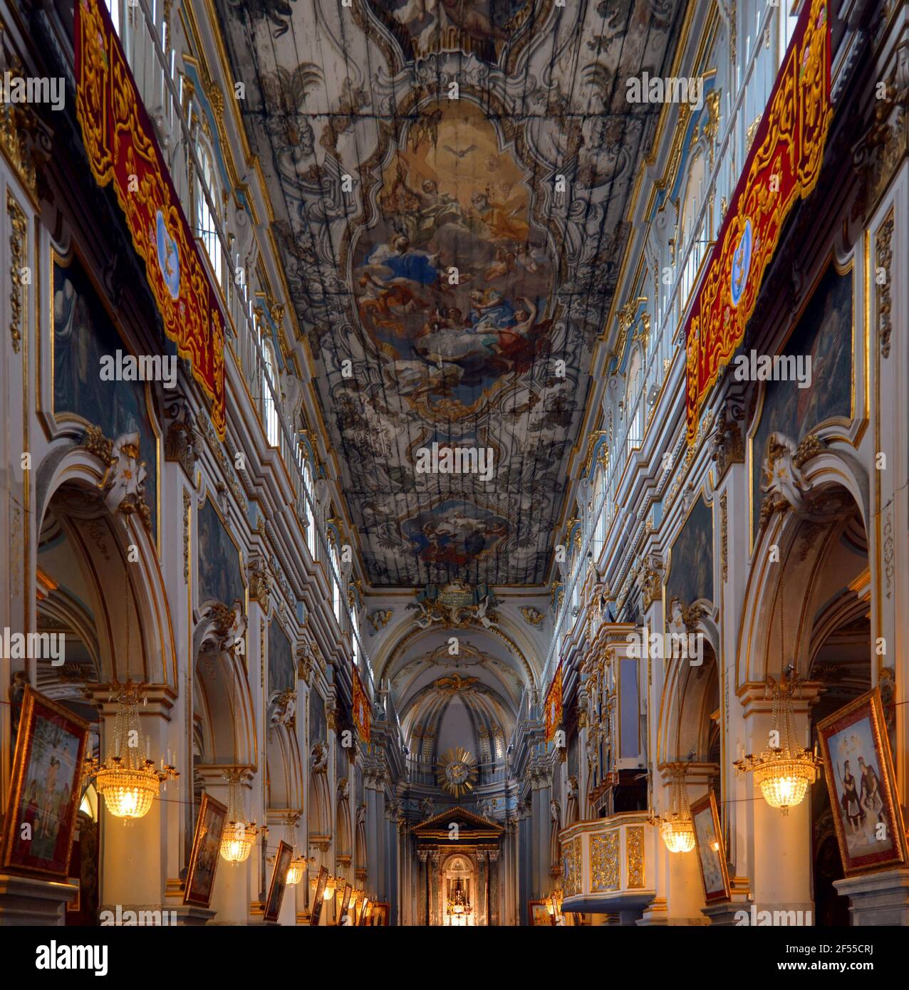 Interior of the basilica of San Sebastiano, Melilli, Syracuse, Sicily. Stock Photo