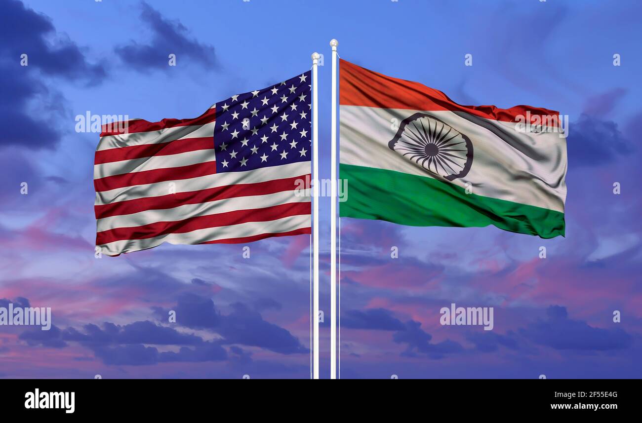 flag of America with India flag on sky background Stock Photo