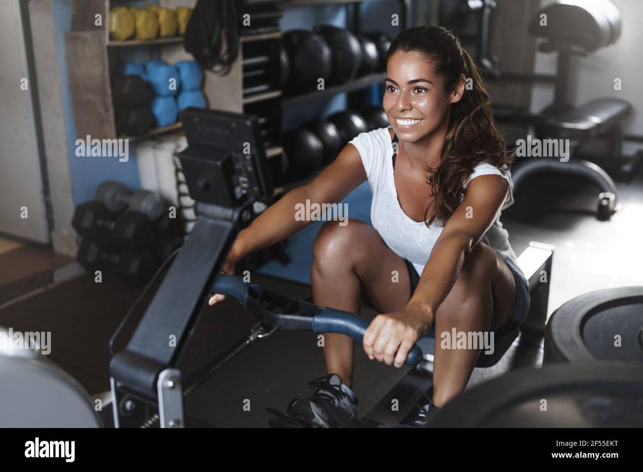 Happy woman lead active lifestyle, smiling like getting body work on