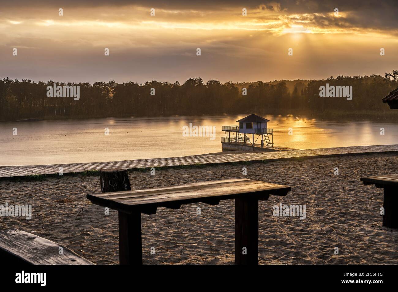 Romantic sunset at Bernsteinsee in Lower Saxony in Germany Stock Photo