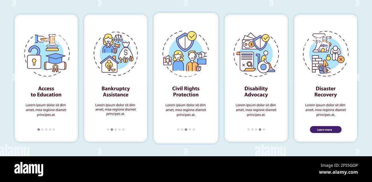 Legal services types onboarding mobile app page screen with concepts ...