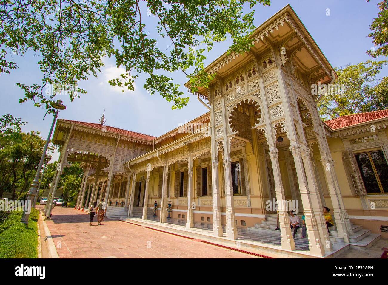The ornate wooden carved exterior, facade of the Abhisek Dusit Throne Hall. In Bangkok, Thailand. Stock Photo