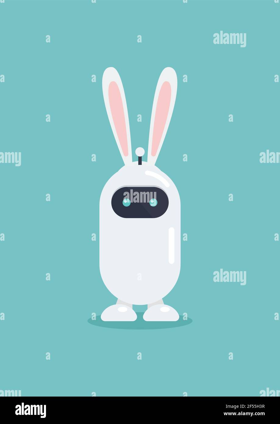 Cute robot wearing bunny ears mask in flat style. Vector illustration. Graphic design Stock Vector