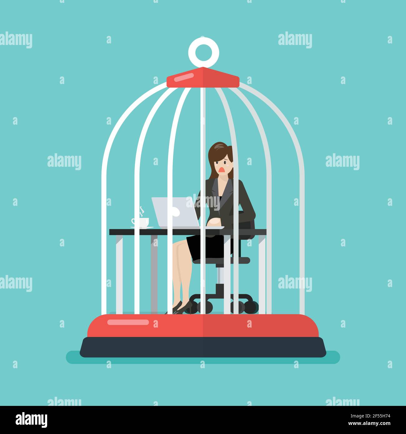 business woman working at desk trapped inside birdcage. Stress at work concept. Vector illustration Stock Vector