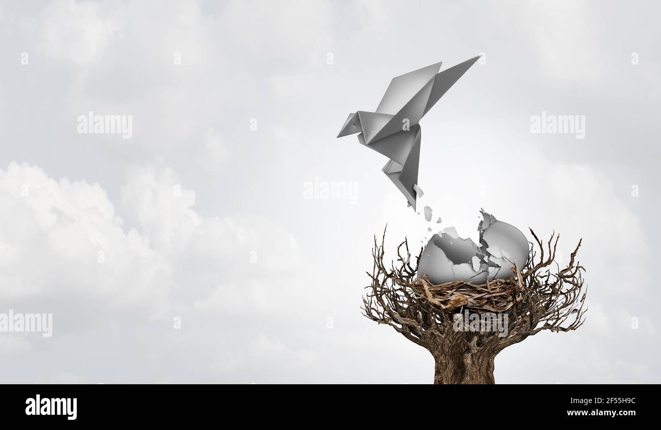 Concept of a new idea and birth of ideas as a cracked egg with an origami bird hatchling with 3D illustration elements. Stock Photo