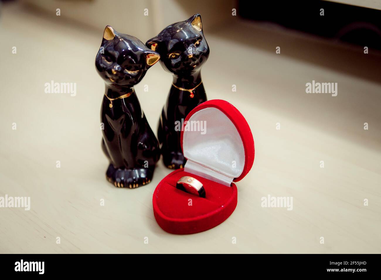 Wedding accessories. Wedding ring in a box and figures of cute cats
