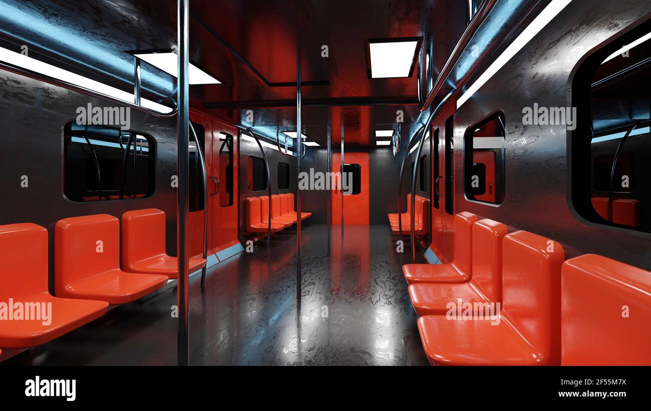 Three dimensional render of interior of black and red subway train Stock Photo