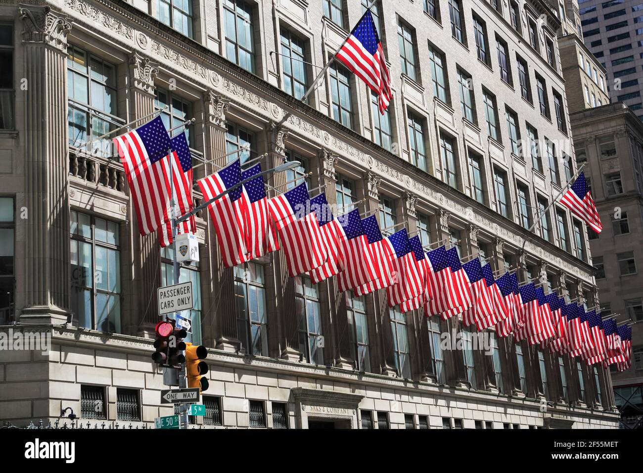 Saks Fifth Avenue, Department Store, American Flags, 5th Avenue, Midtown, Manhattan, Nw York City, New York, USA Stock Photo