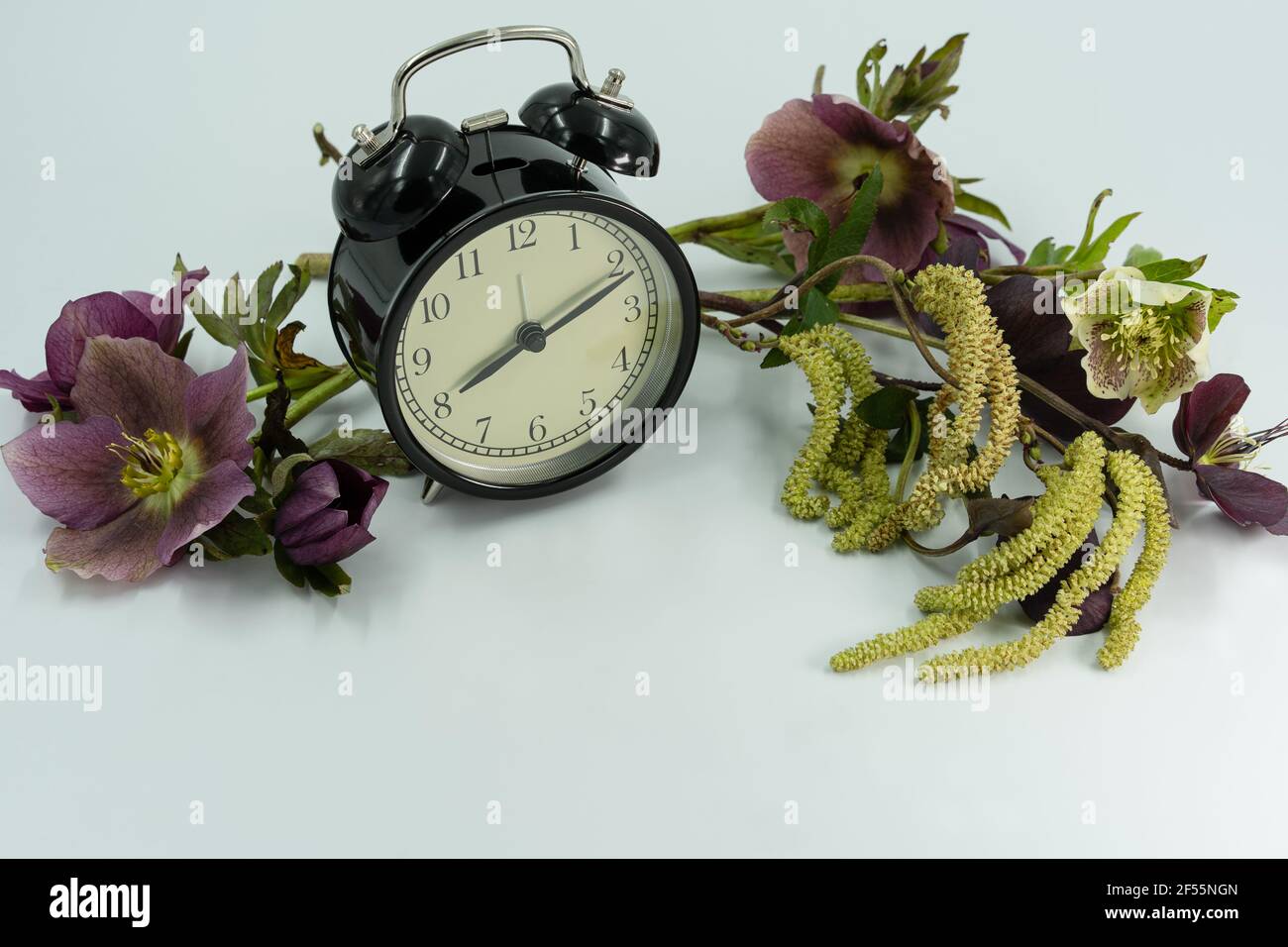 Vintage clock with spring flowers. Daylight saving time concept. Stock Photo