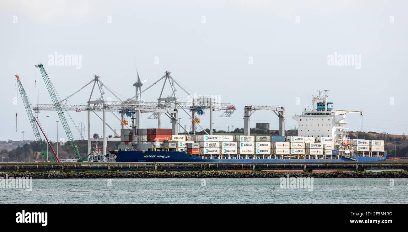 Ringaskiddy, Cork, Ireland. 24th March, 2021. After a ten day voyage from Costa Rico the container ship Maersk Nijmegen is about to tie up at the deepwater terminal in Ringaskiddy, Co. Cork, Ireland. - Credit; David Creedon / Alamy Live News Stock Photo
