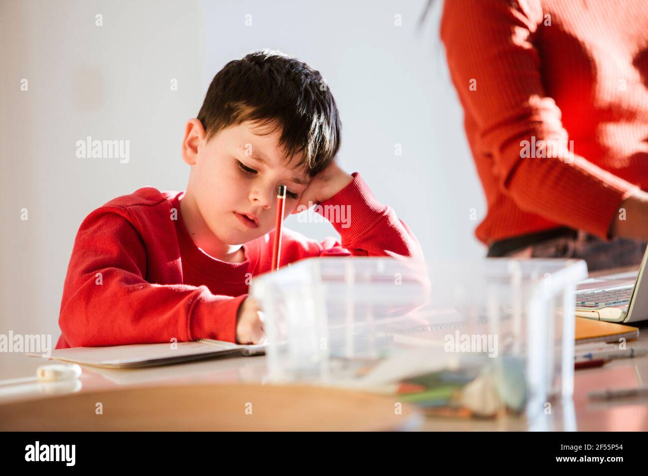 Boy studying while sitting by mother at dining table at home Stock Photo