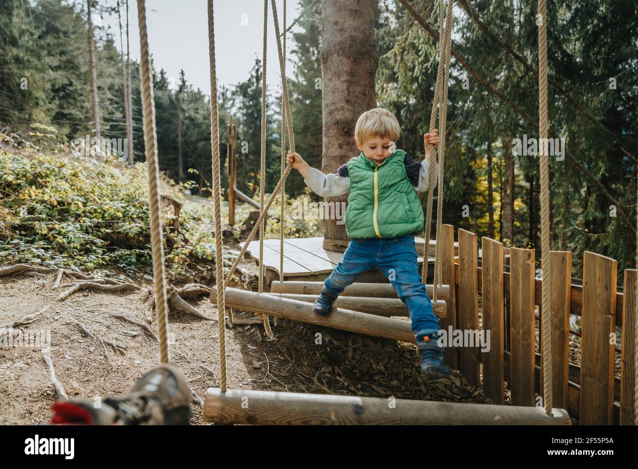 Boy doing high rope course in forest at Salzburger Land, Austria Stock Photo