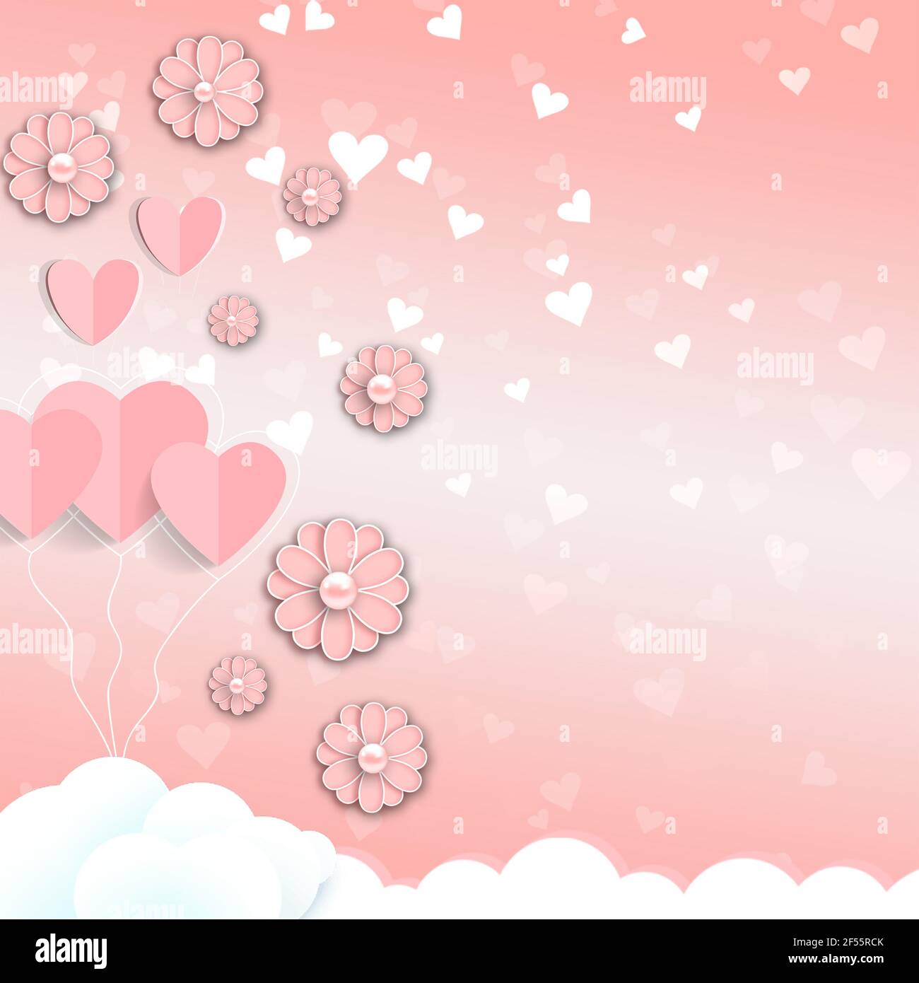 Abstract pink background with paper cut hearts and sparkles ...