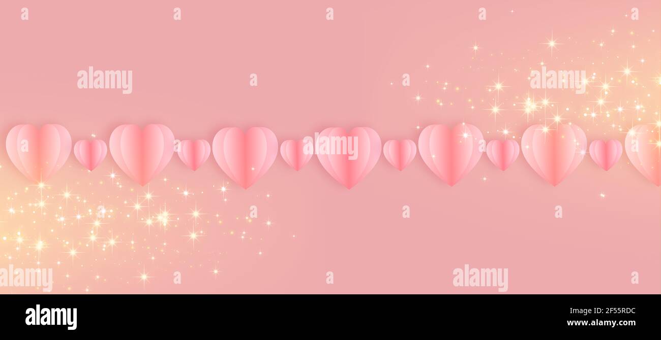 Abstract pink background with paper cut hearts and sparkles. Illustration background. Stock Photo