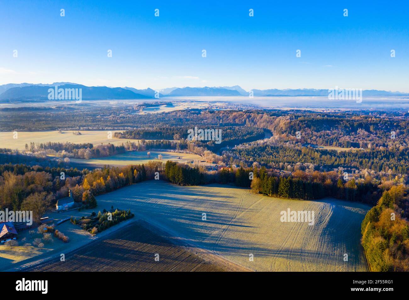 Germany, Bavaria, Aerial view of rural area in Alps Stock Photo