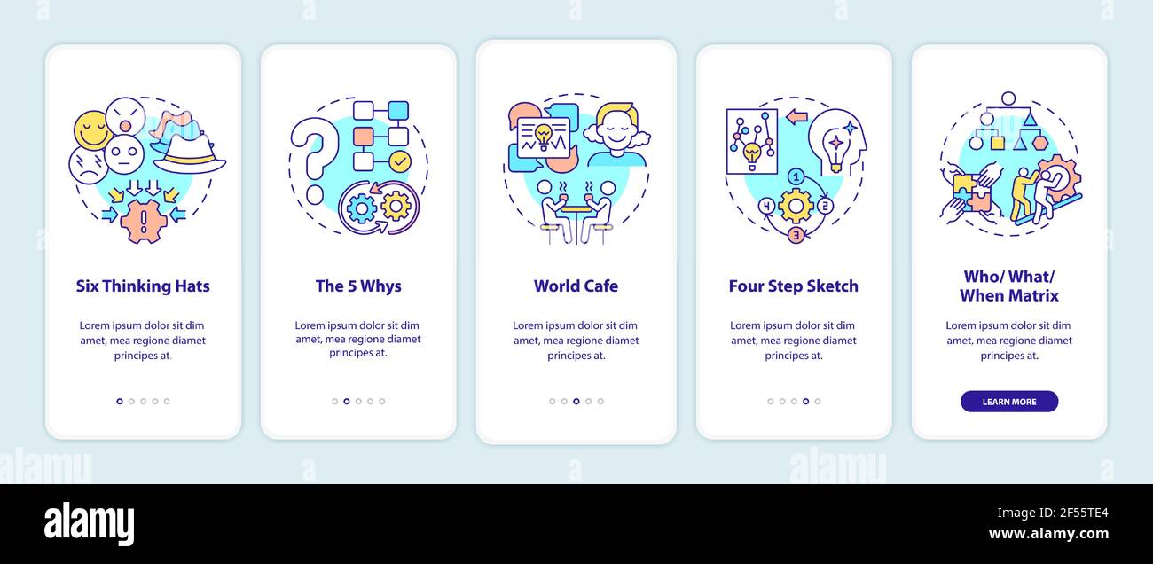Problem solving methods onboarding mobile app page screen with concepts Stock Vector