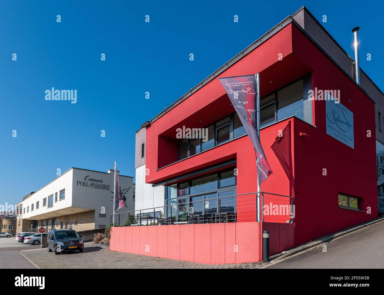 wine architecture in the Mosel valley, Vinmoselle and Schumacher-Lethal, Wormeldange, Luxemburg Stock Photo