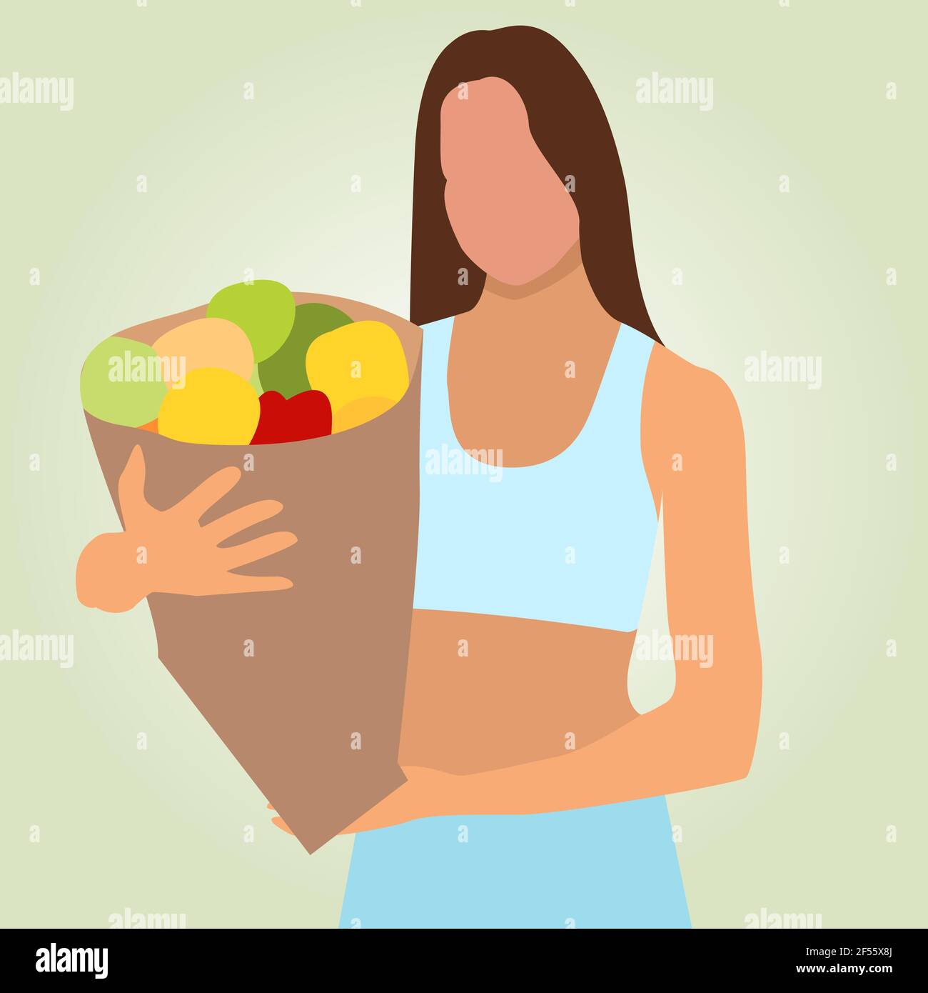 Girl holds grocery bag with natural products. Woman made food supplies. Healthy eating concept, zero waste and sustainable lifestyle vector illustrati Stock Vector