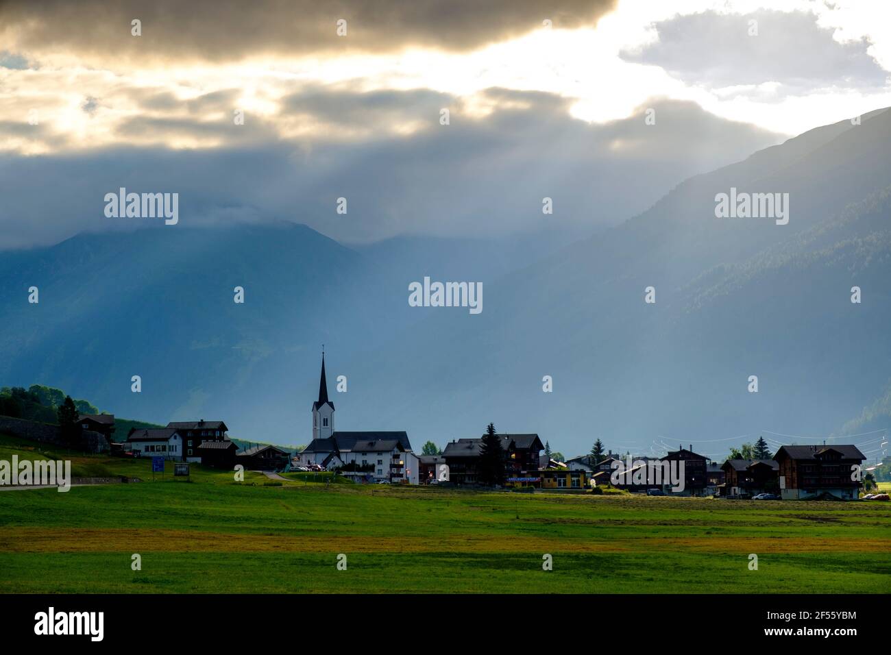 Switzerland, Valais, Ulrichen village in mountains at sunrise Stock Photo