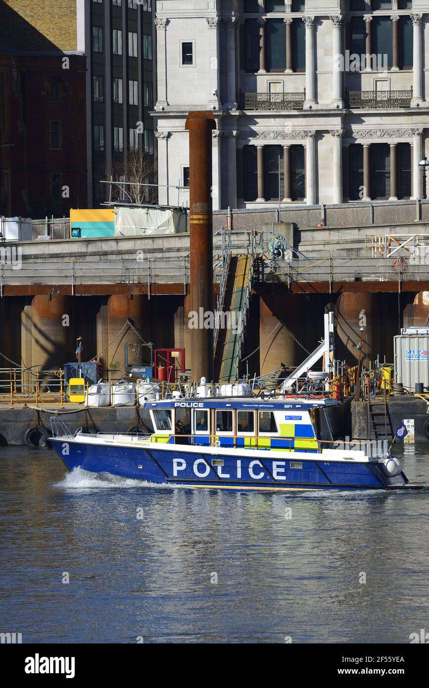 London, England, UK. Thames Police Marine Policing Unit boat MP1, the 'Patrick Colquhoun II'.  Patrick Colquhoun was the founder of the Thames River P Stock Photo