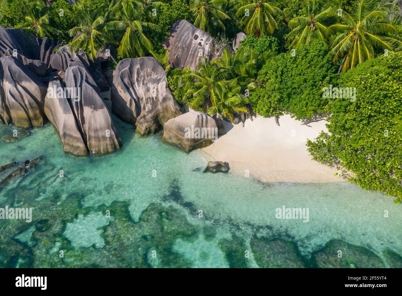 Drone view of Anse Source DArgent beach in summer Stock Photo