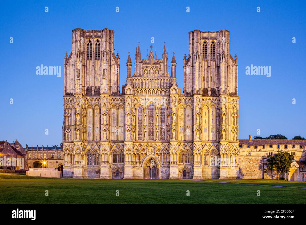 The west front of Wells Cathedral at dusk, Wells, Somerset UK Stock Photo
