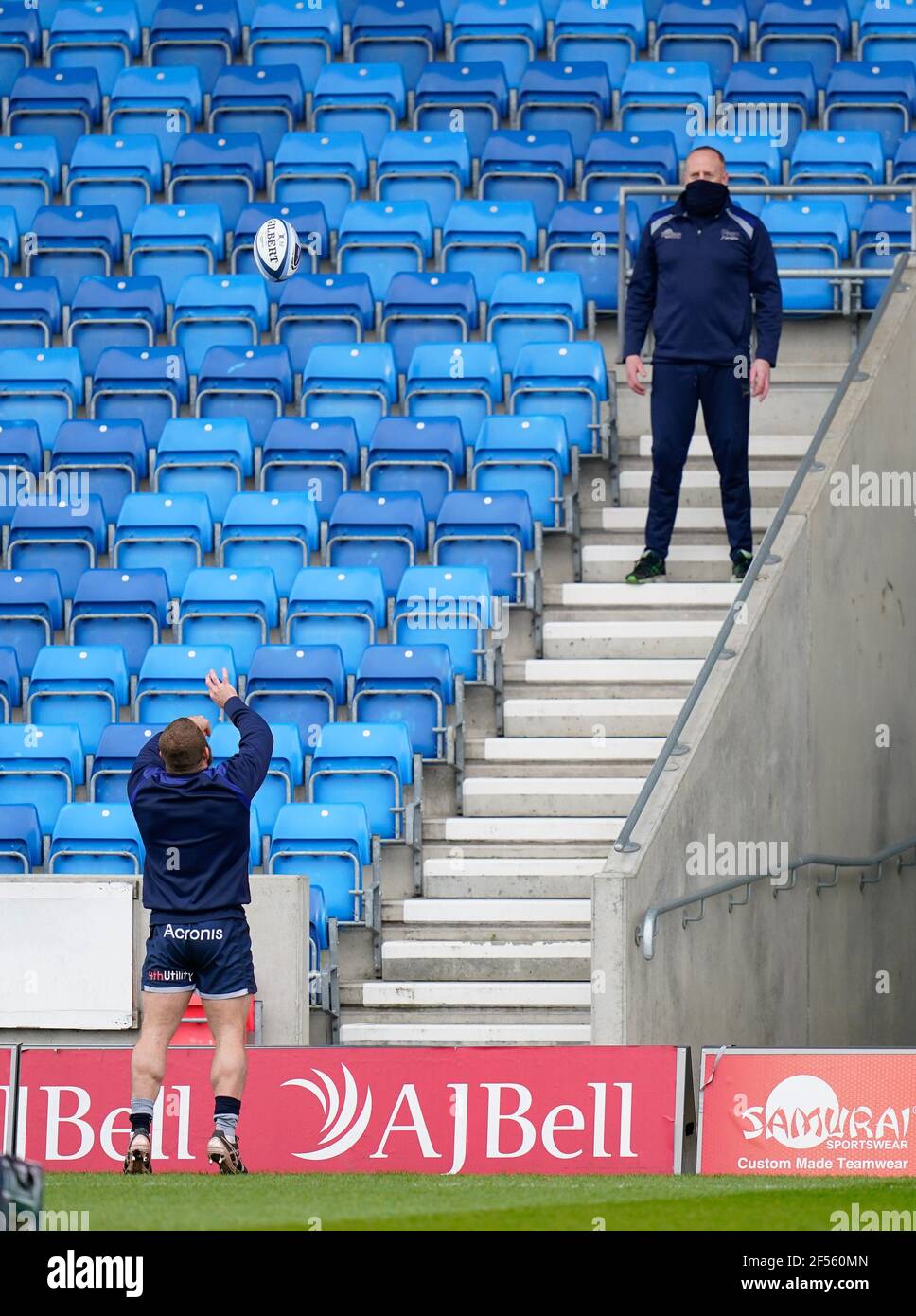 Sale Sharks hooker Akker Van Der Merwe practices his line out throws to coach Pete Anglesea during the warm up during a Gallagher Premiership Round 14 Stock Photo
