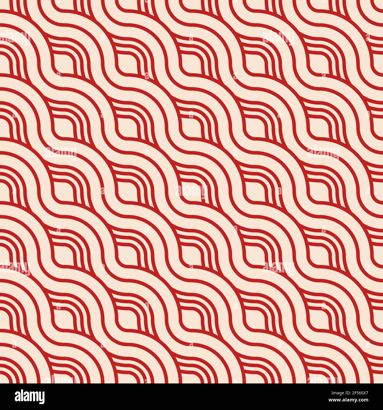 Abstract seamless. Seamless braided linear pattern, wavy lines. Endless striped texture with winding elements. Red lines on beige background. Vector. Stock Vector