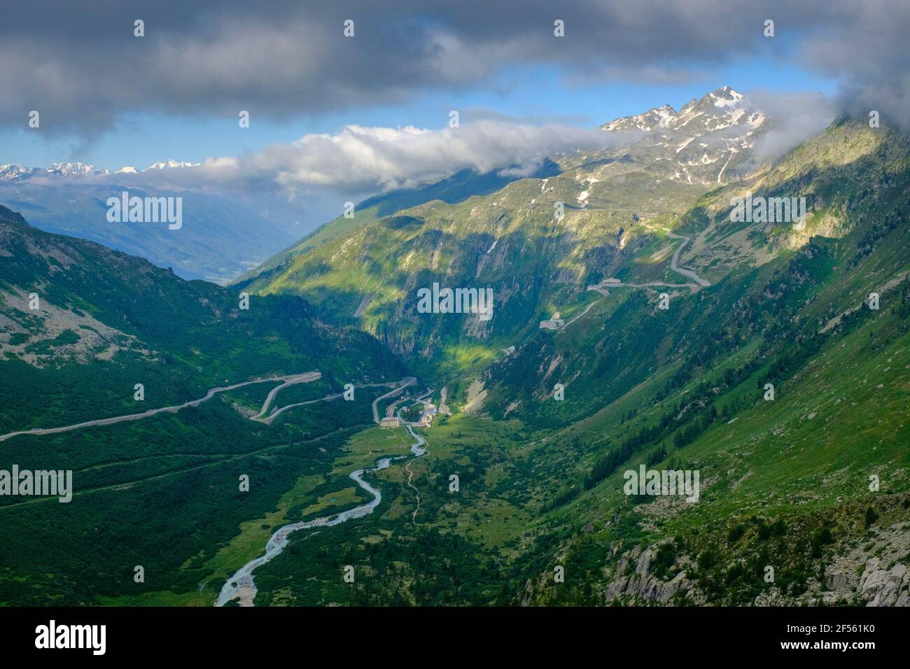 Switzerland, Valais, Ulrichen, Furka Pass on cloudy summer day Stock Photo