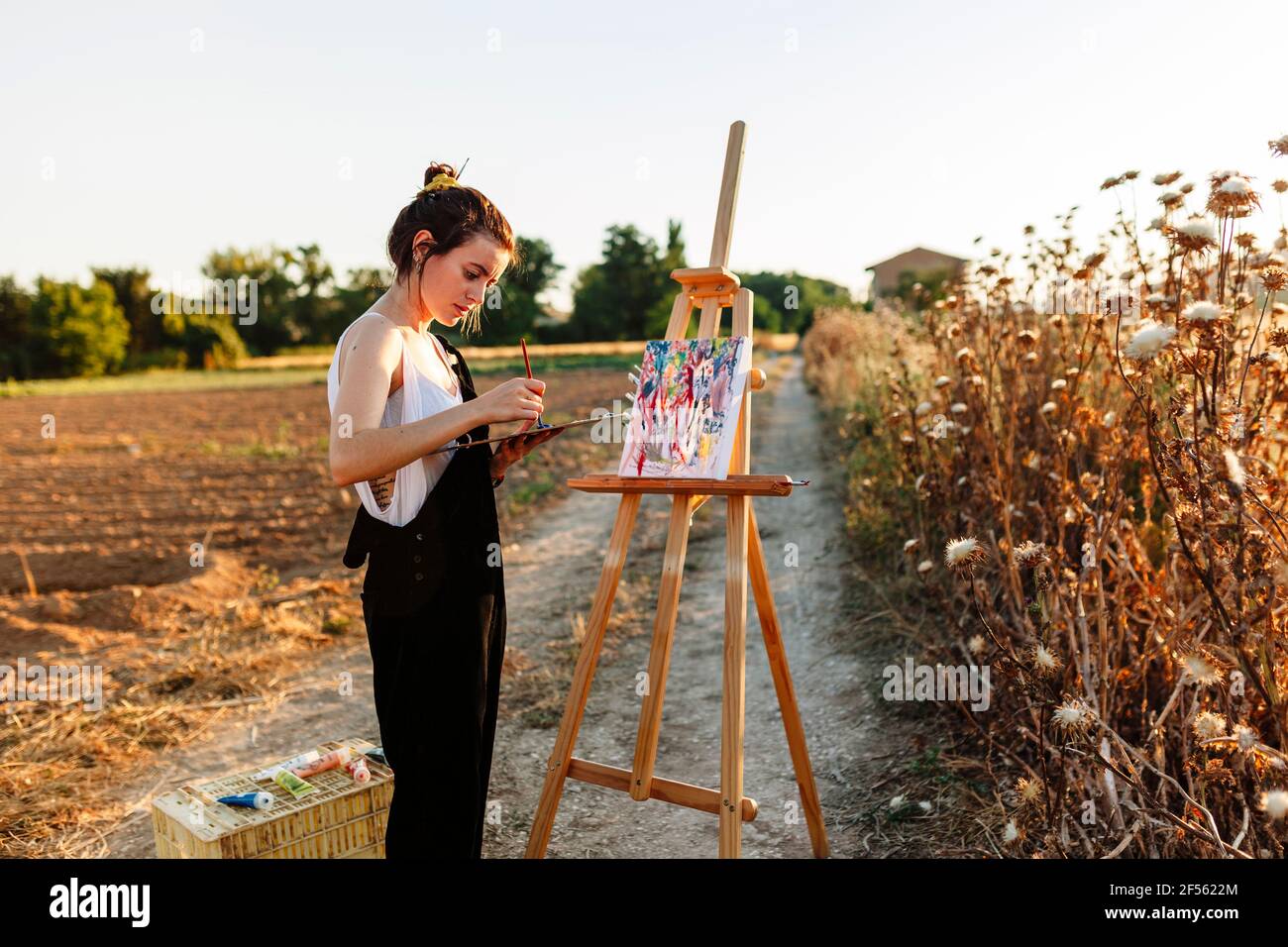 Young woman artist painting on easel Stock Photo - Alamy