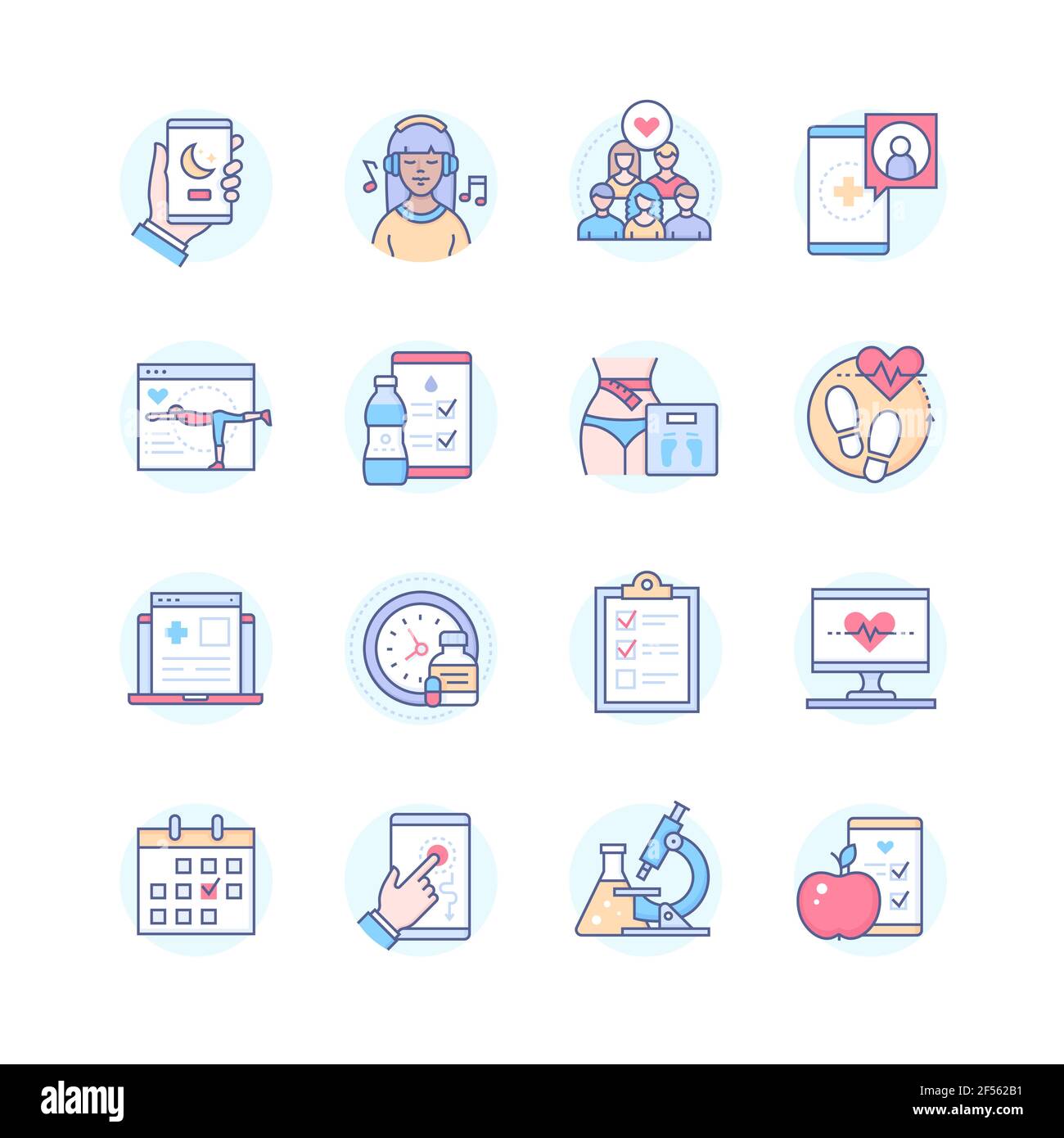 Healthcare mobile app line design style icons set. Habit tracker idea