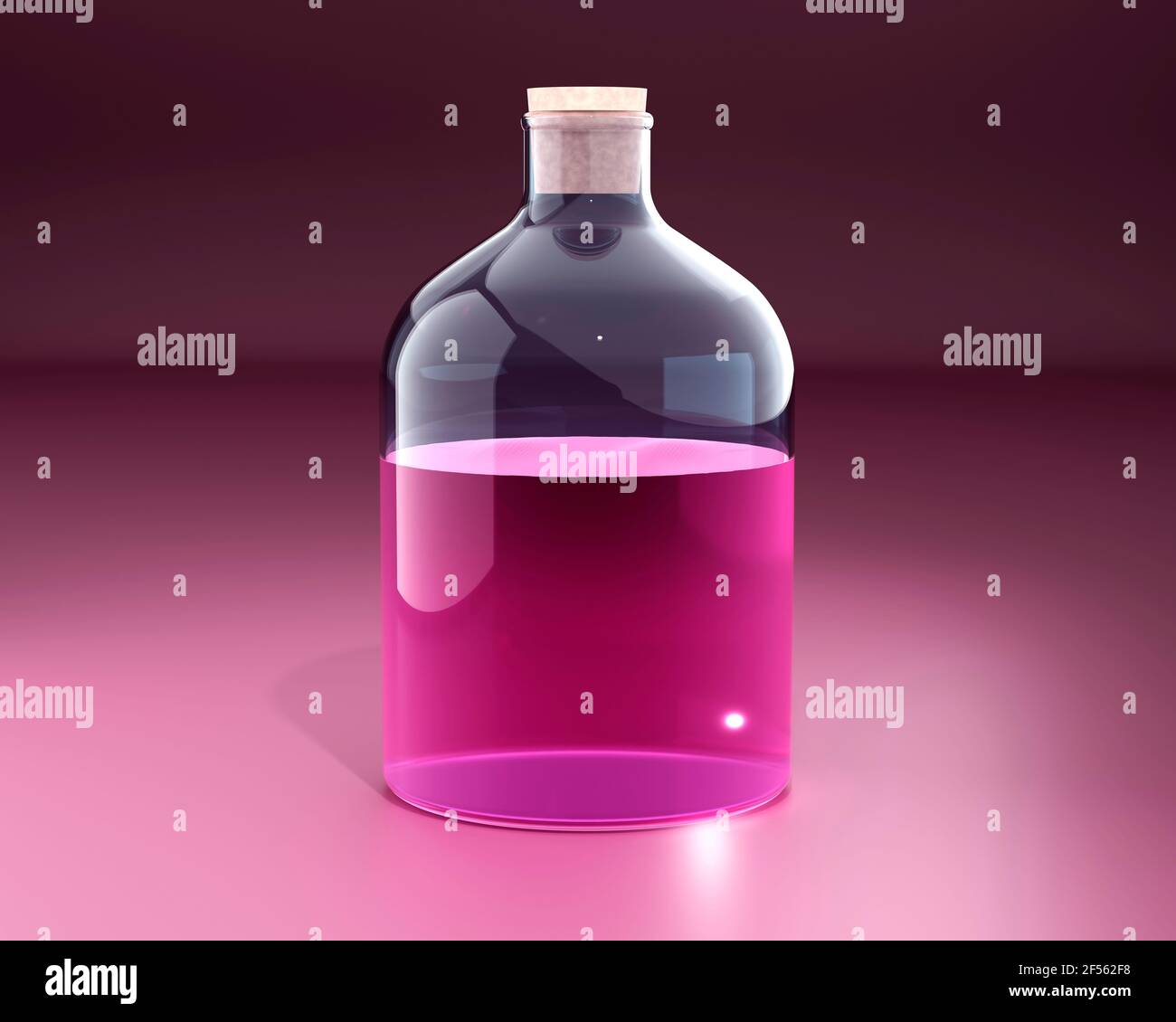 Three dimensional render of large bottle with pink colored liquid Stock Photo