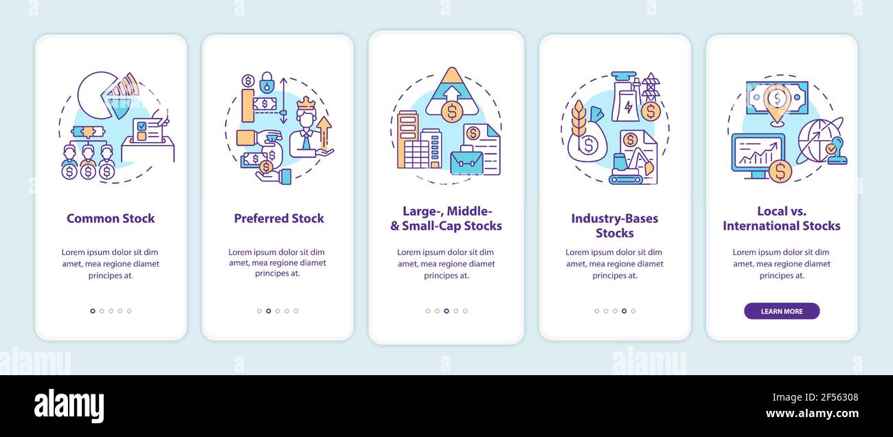 Stocks types onboarding mobile app page screen with concepts Stock Vector