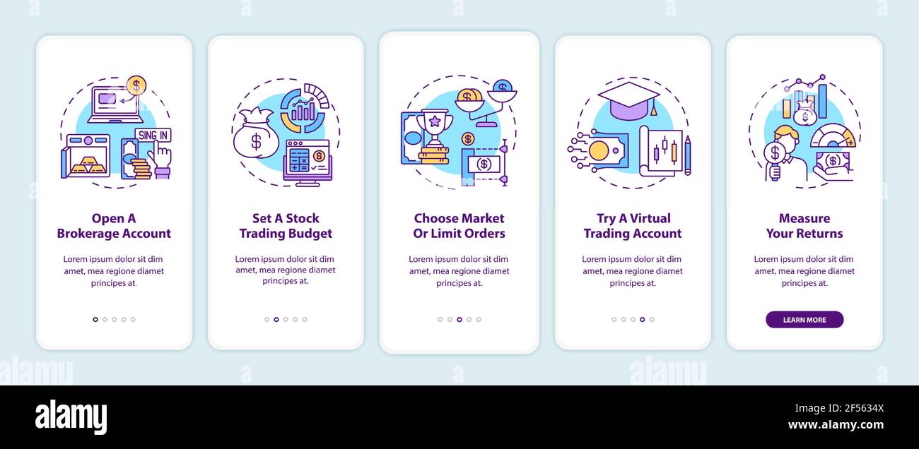Stock trading steps onboarding mobile app page screen with concepts ...