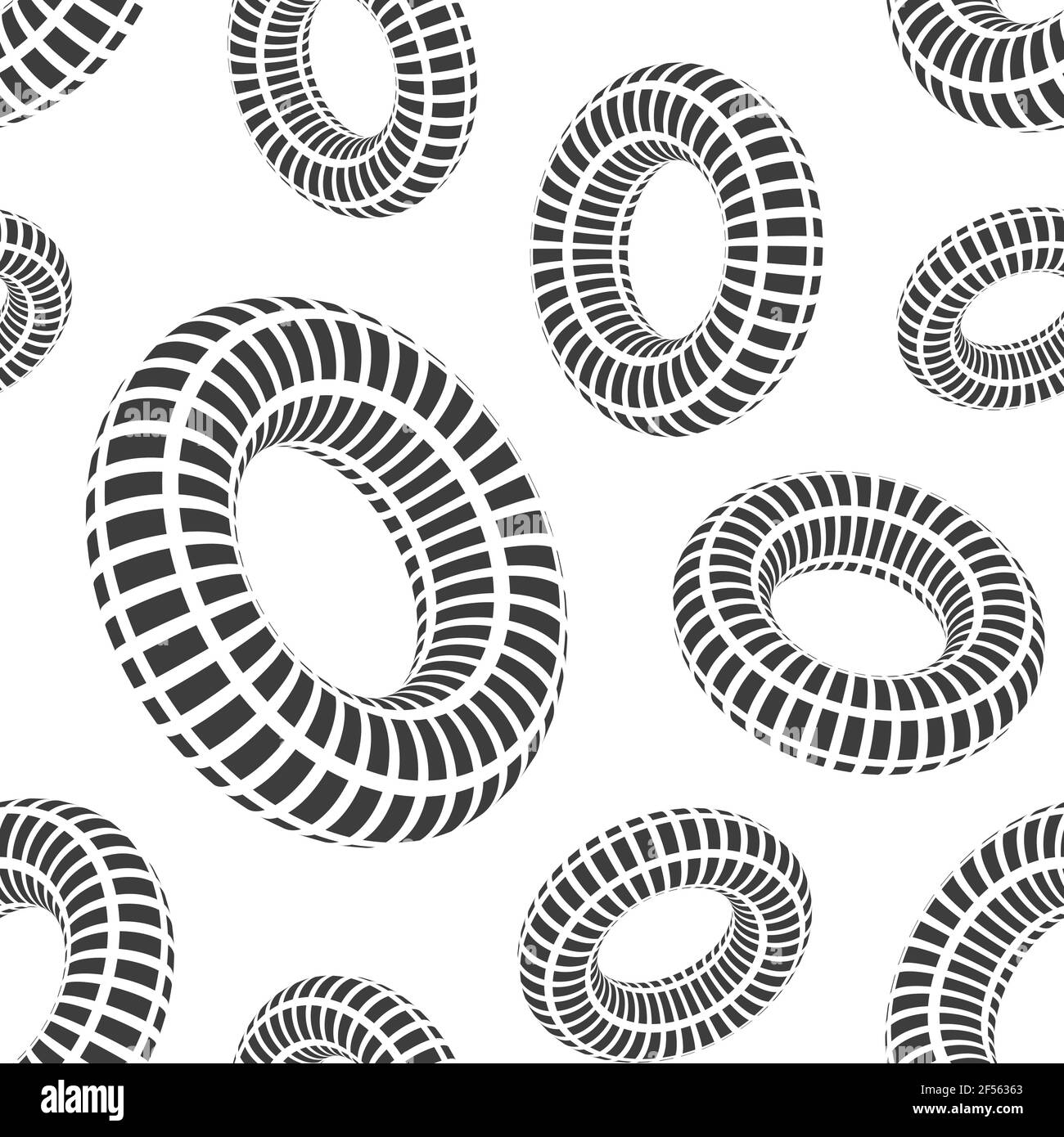 Seamless pattern of 3D geometric striped rounded shapes. Donuts. Black ...