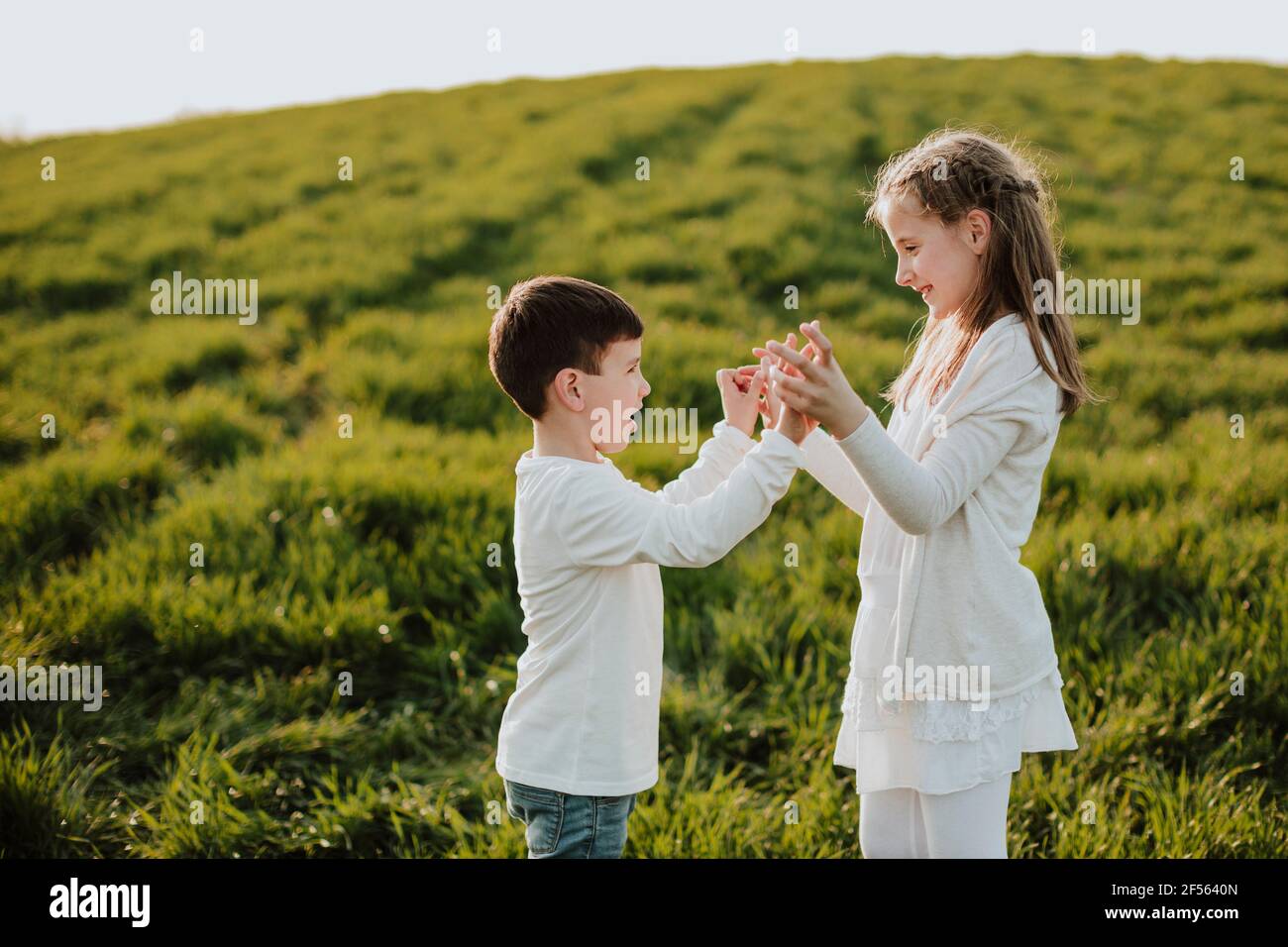 Happy boy and girl holding hands while standing side by side on meadow Stock Photo