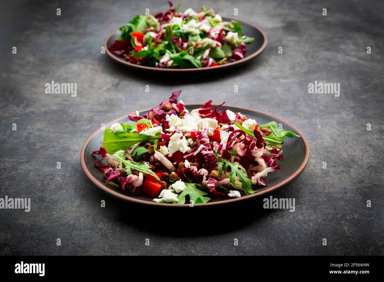 Studio shot of two plates of vegetarian salad with lentils, arugula, feta cheese, radicchio and bell pepper Stock Photo