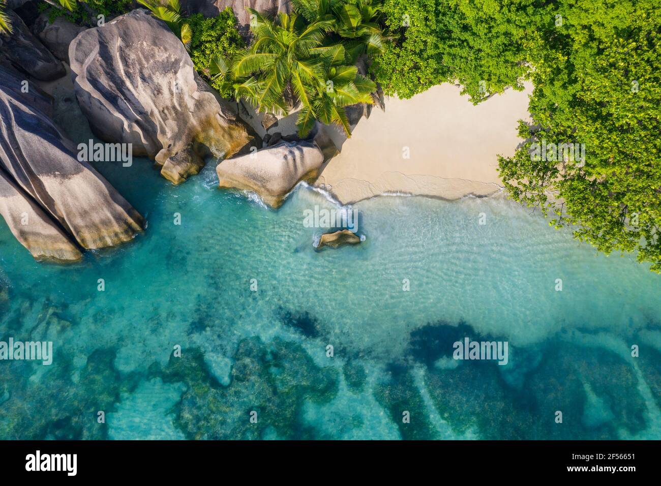 Drone view of Anse Source DArgent beach in summer Stock Photo