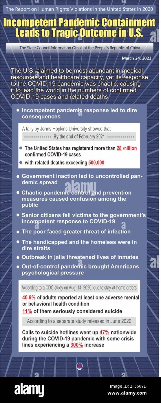 Beijing, China. 24th Mar, 2021. The chaotic response to the COVID-19 pandemic in the United States in 2020 has led to dire consequences, according to the Report on Human Rights Violations in the United States in 2020, which was released by China's State Council Information Office on Wednesday. Credit: Zheng Yue, Xiao Xiao/Xinhua/Alamy Live News Stock Photo