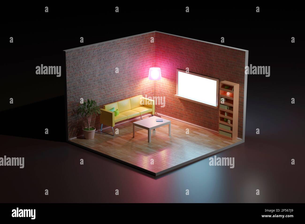 Three dimensional render of corner of furnished living room Stock Photo