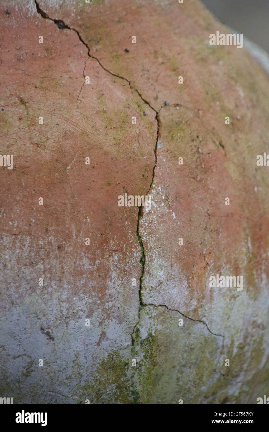 Hairline Cracks In A Pottery Clay Pot - Close Up Of A Hairline Crack - Clay Pottery Chimenea - Cracks Caused By Heat - UK Stock Photo