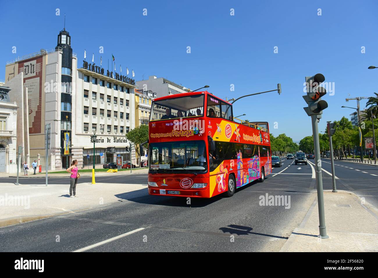 Lisbon City Sightseeing Portugal double deck tour bus in downtown Lisbon, Portugal. Stock Photo