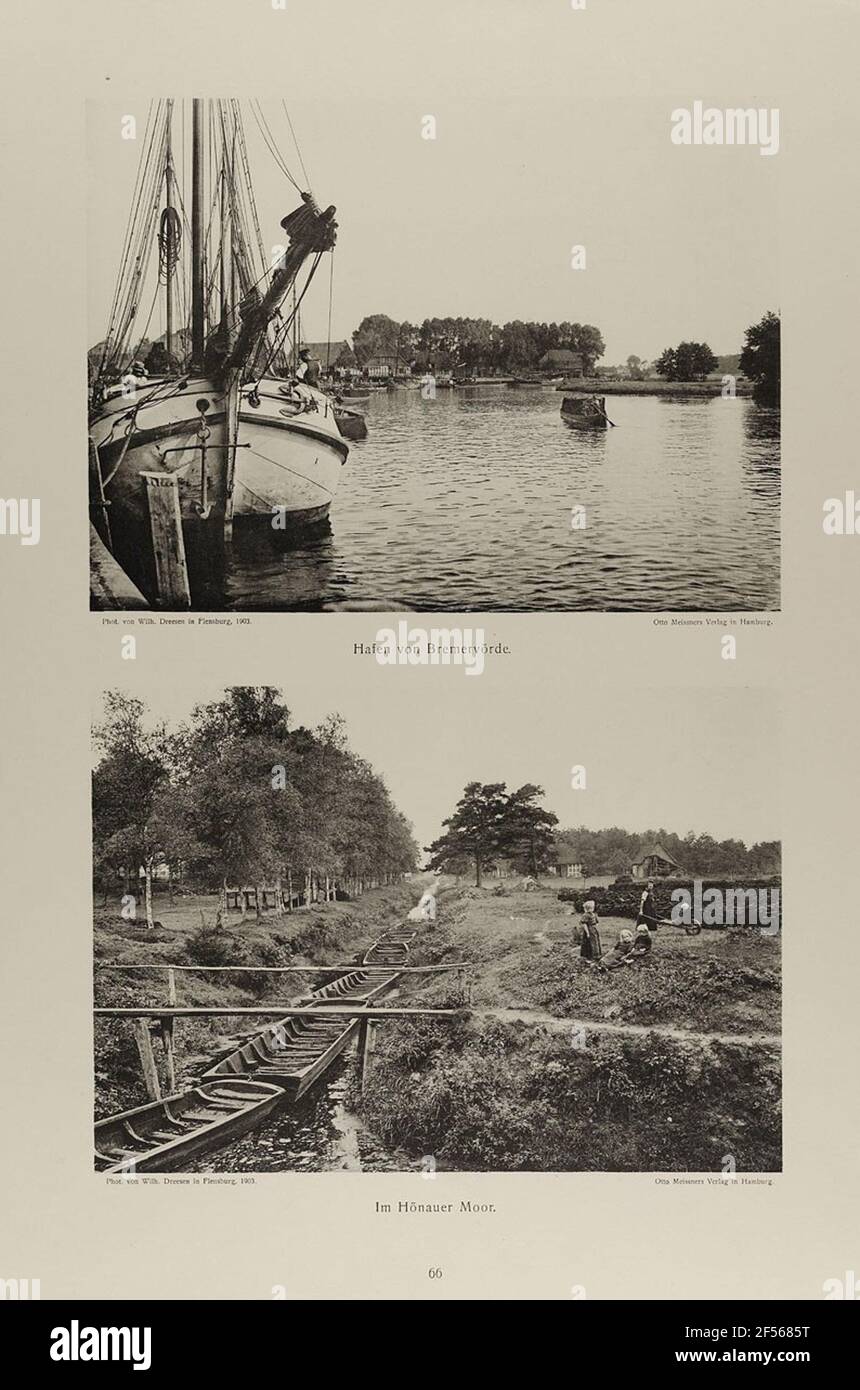 Port of Bremervörde 'and' in the Hönauer Moor '. Tafel 66 from the Mapwerk' Hikes through Heide and Moor between Elbe, ettlets, all and Weser. '. State state view Hamburg, collection of photography history Stock Photo