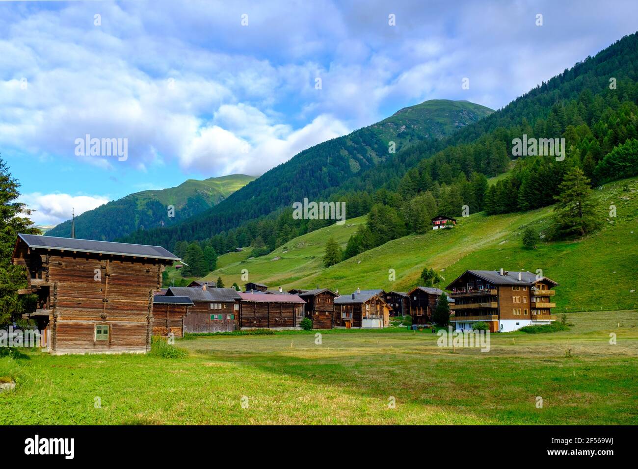 Switzerland, Valais, Ulrichen, Traditional wooden houses in summer mountain scenery Stock Photo