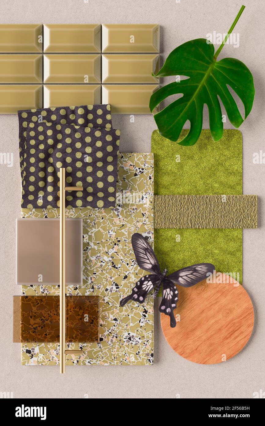 Three dimensional render of various interior design material samples ...