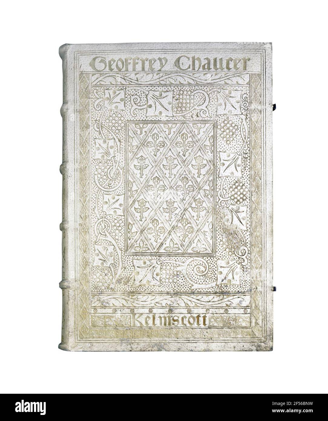 Kelmscott Chaucer. The factory issue of Geoffrey Chaucer, which appears in the folio format in 1896, is the most famous pressure of the Kelmscott Press and a monument of the new book art movement. This so-called 'Kelmscott Chaucer' is a true-designed book artwork a real community work, where several people worked together in a workshop community. William Morris, who has selected a classic of English literature with the late medieval author Chaucer, created its own font type for the text of this issue, the so-called Chaucer-Type, which is based on the round-gothic fonts of early prints, and als Stock Photo