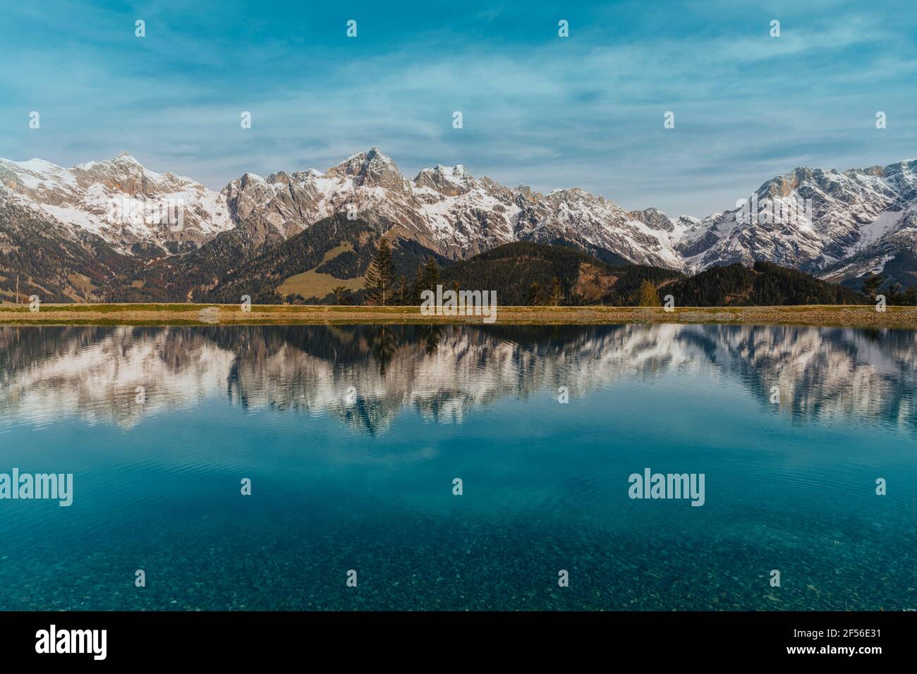 Reflection of Hochkonig mountain in water at Salzburger Land, Austria Stock Photo