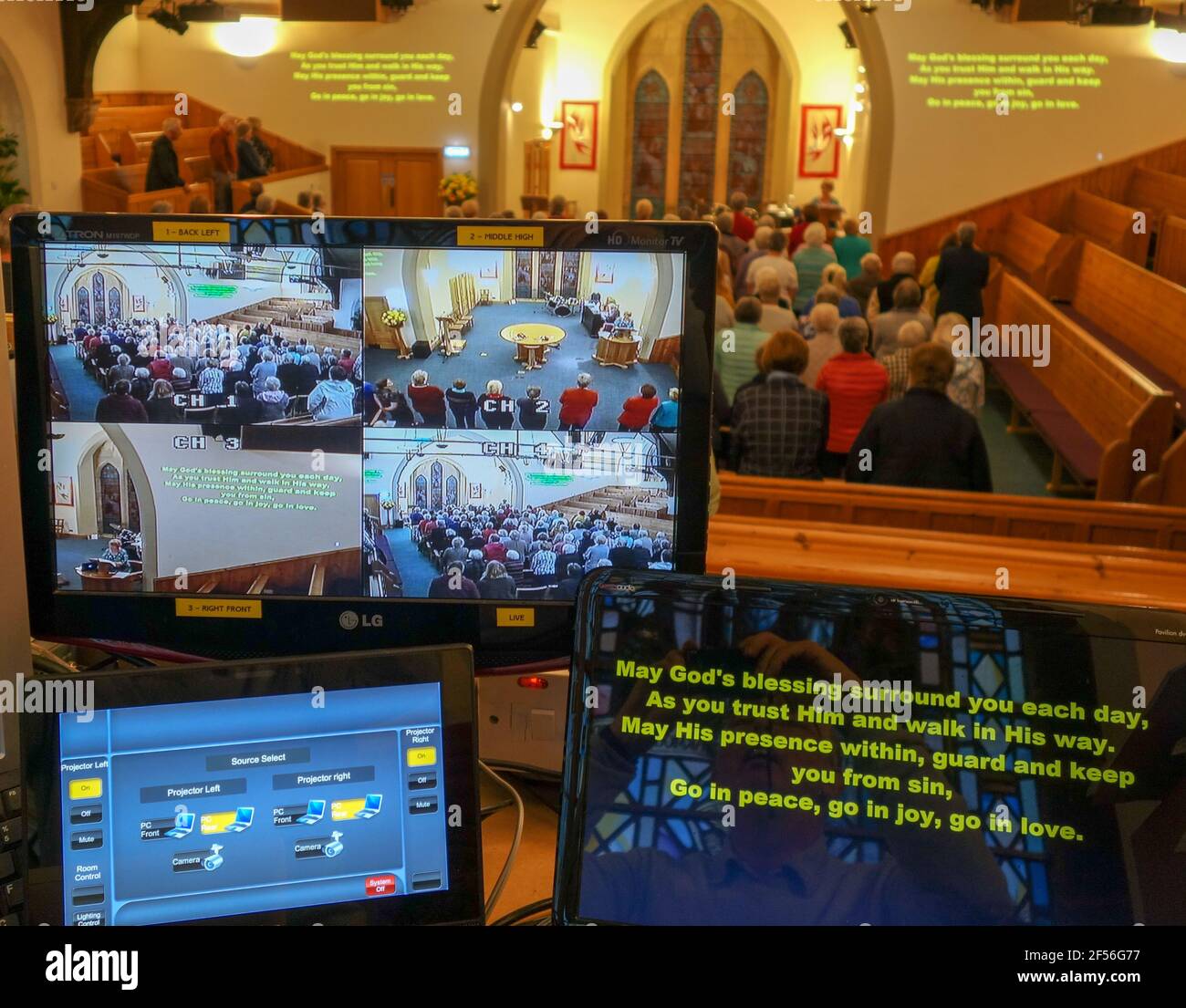 Audio Visual system and church service at St Andrew Blackadder Church, North Berwick Stock Photo
