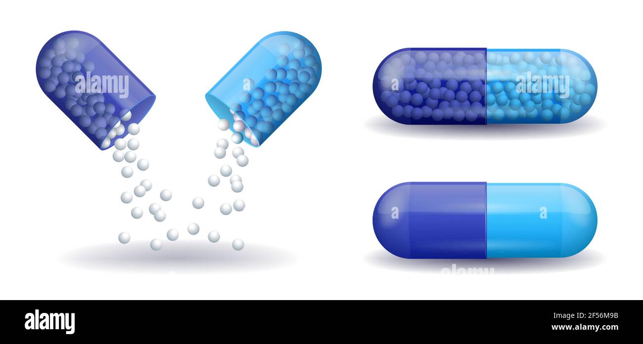 Blue full medical capsules pill capsule with filling vector Stock
